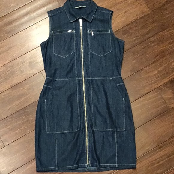 Calvin Klein Sleeveless Collared Full Zip Denim Dress SIZE SMALL - Picture 3 of 7